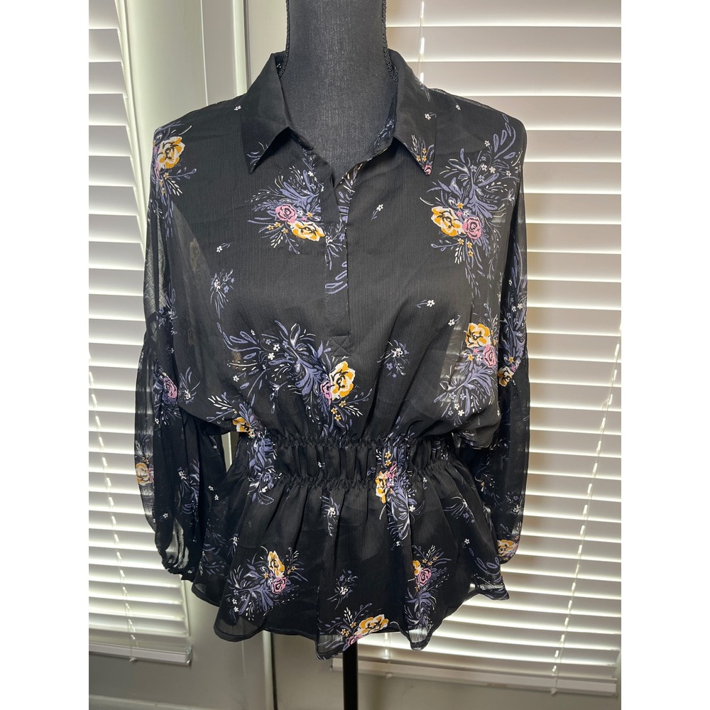 Forever 21 Contemporary Sheer Floral Smocked Peplum Babydoll Blouse Large